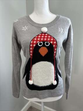 No Boundaries Crewneck Knit Penguin Ugly Sweater Pullover Gray Womens Small